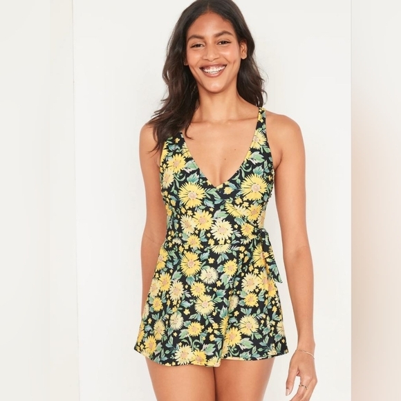 Old Navy Sunflower Print V-Neck Wrap-Front Swimdress Size XS Side Tie Wrap Skirt - Picture 1 of 10